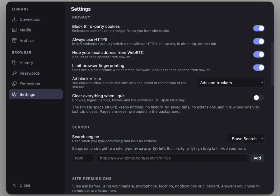 Heliarc settings, privacy section, with switches for third-party cookies, HTTPS, WebRTC and fingerprinting turned on.