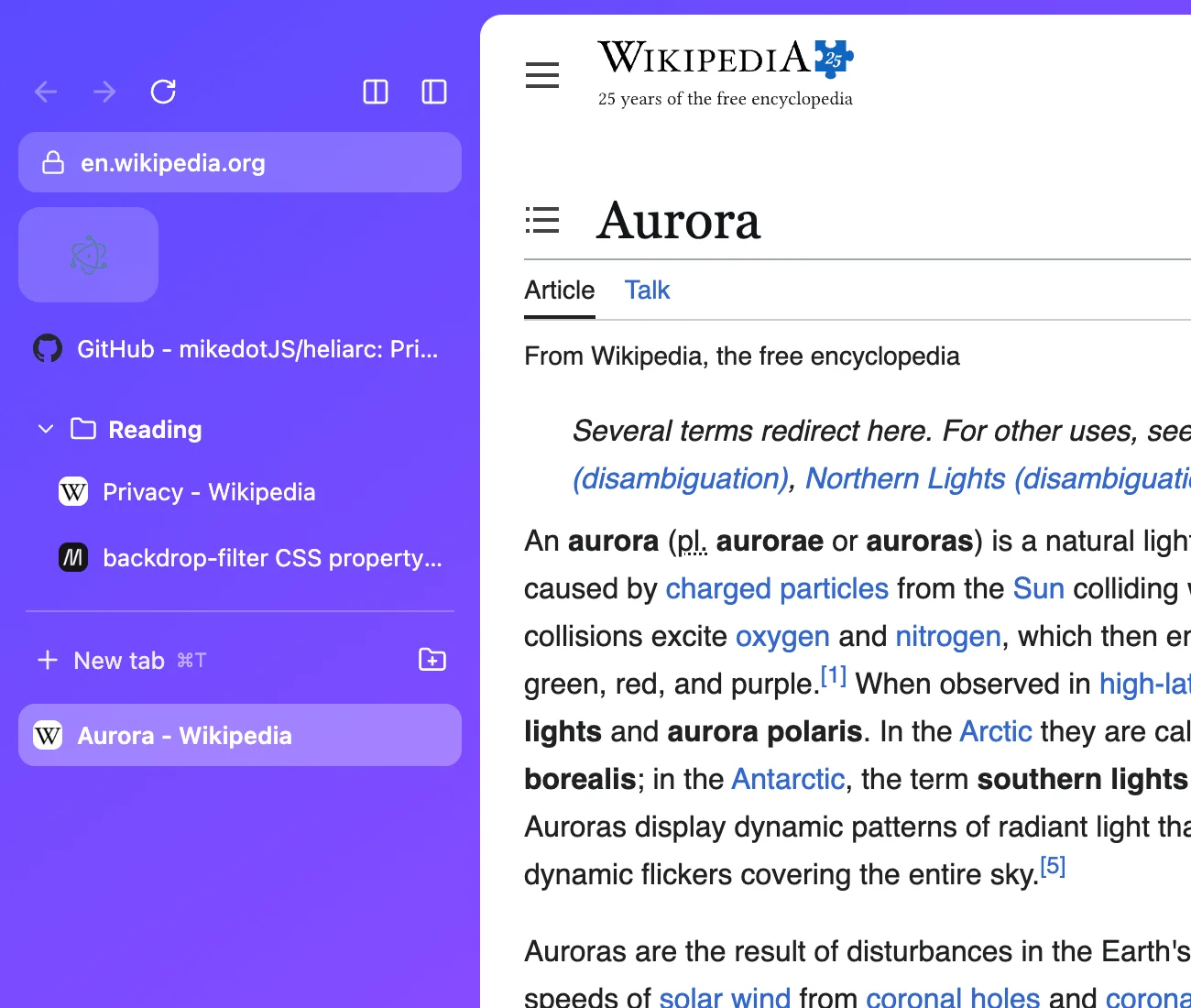 Close-up of the Heliarc sidebar: address bar, a pinned GitHub tab, a Reading folder with two pages, a new tab button and the Aurora tab selected.